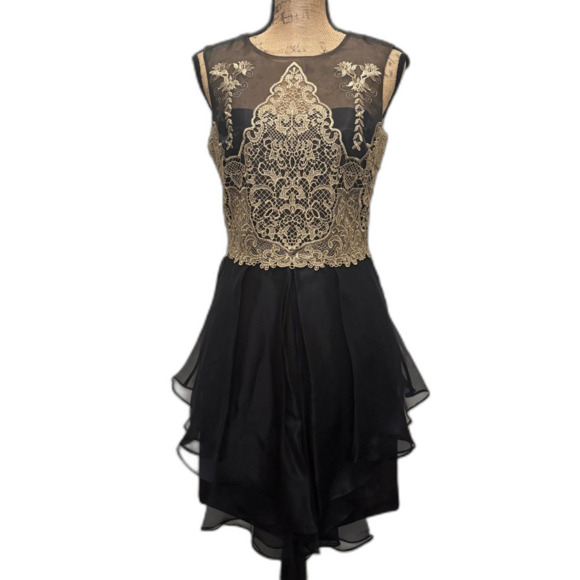 Marchesa Notte Sleeveless Embroidered Homecoming Dress Black Gold Size 6 - Picture 1 of 6